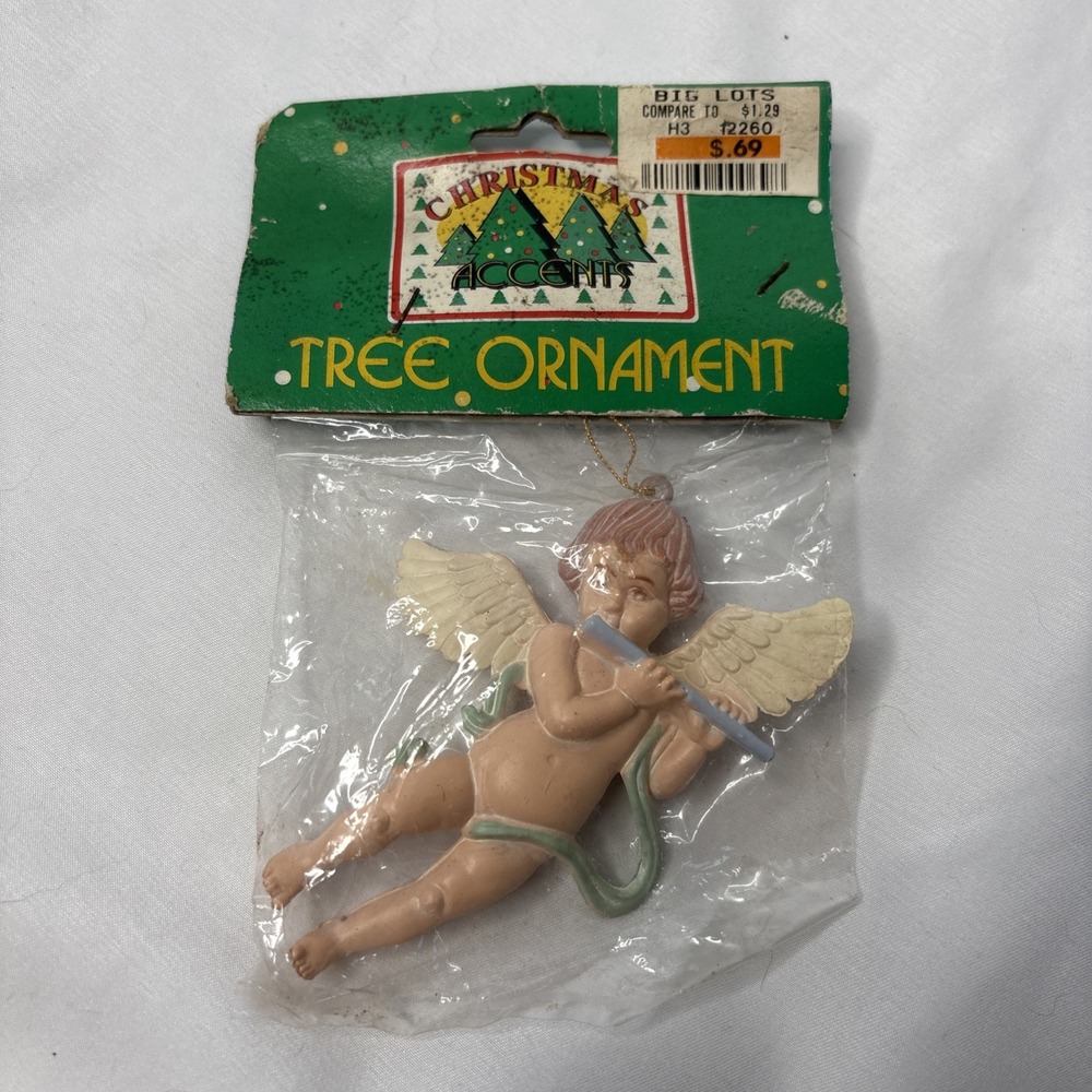 Vtg Christmas Accents‎ Tree Ornament Cherub Angel Playing Flute New In Package